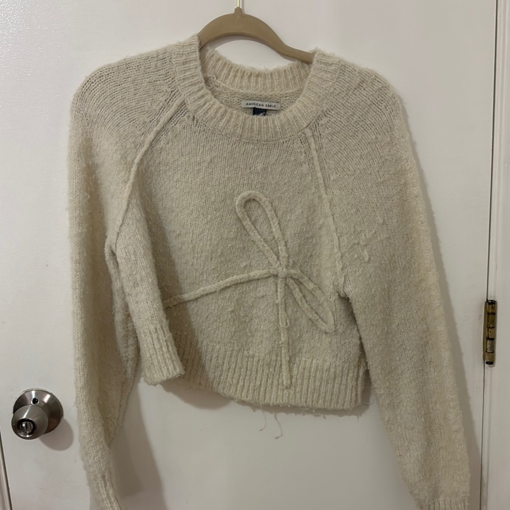 American Eagle Outfitters Cream Crew Neck Sweater with Twisted Front